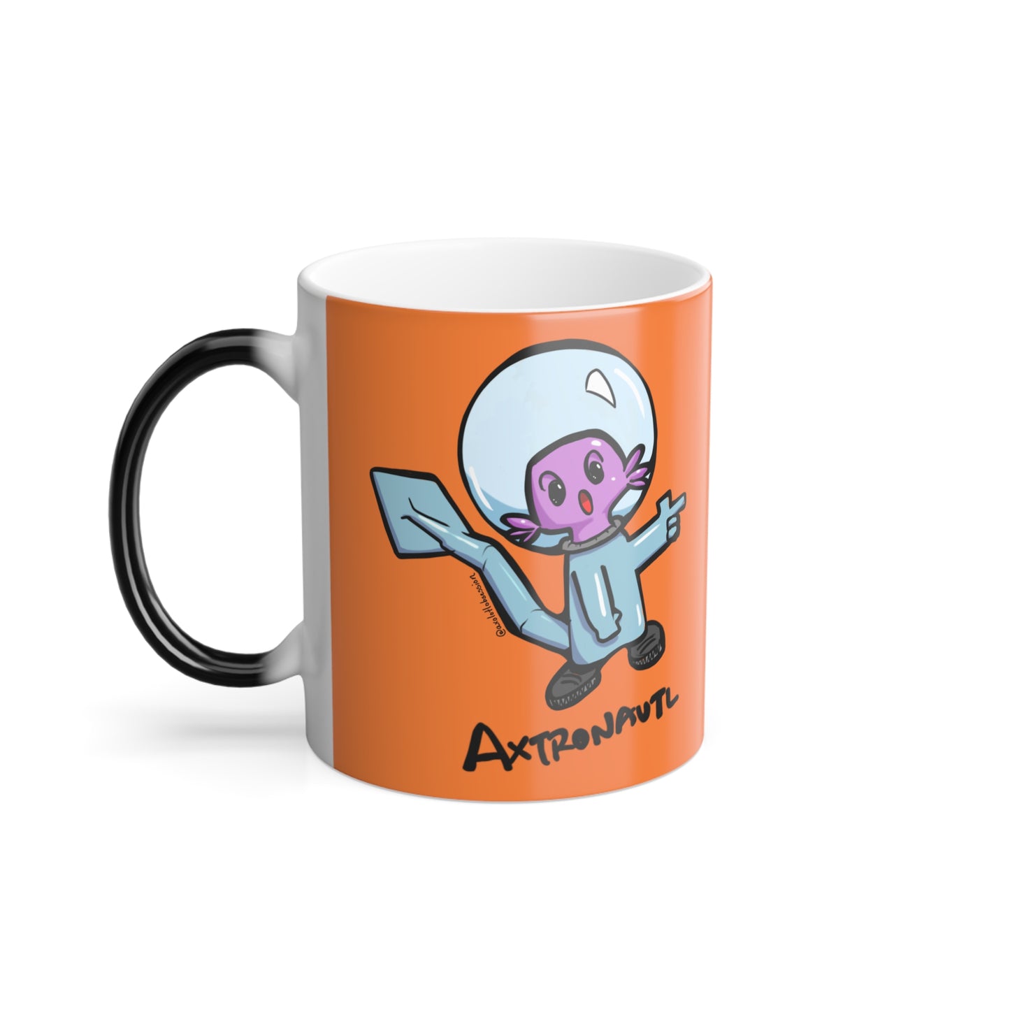 Color Morphing Mug — Cute Astronaut Axolotl Design, Orange, 11oz