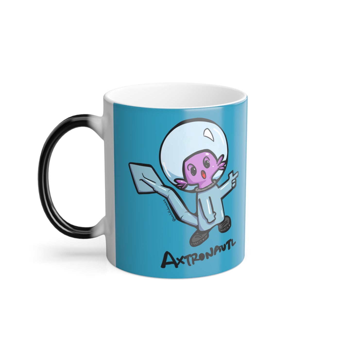 Color Morphing Mug — Cute Astronaut Axolotl Design, Turquoise, 11oz