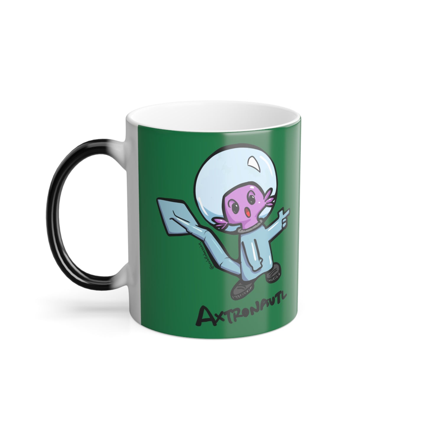 Color Morphing Mug — Cute Astronaut Axolotl Design, Dark Green, 11oz