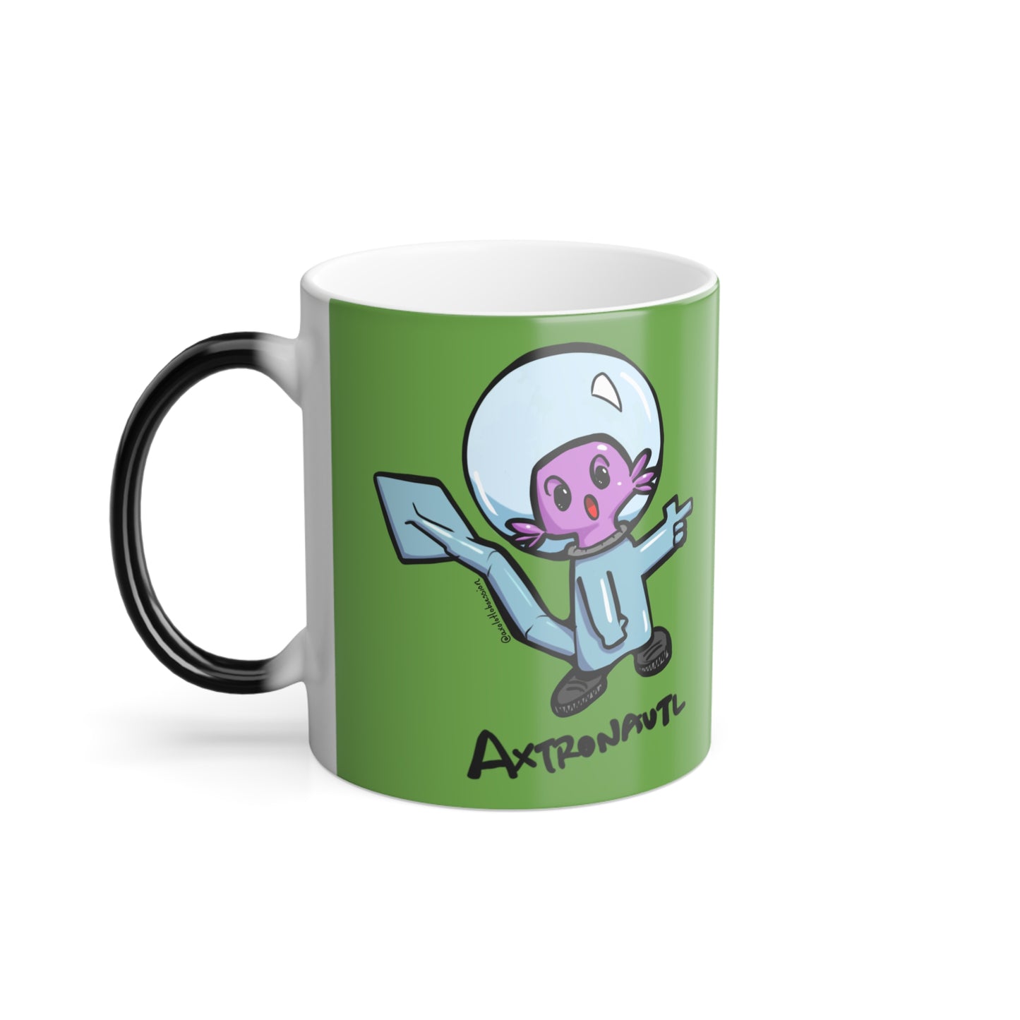 Color Morphing Mug — Cute Astronaut Axolotl Design, Light Green, 11oz
