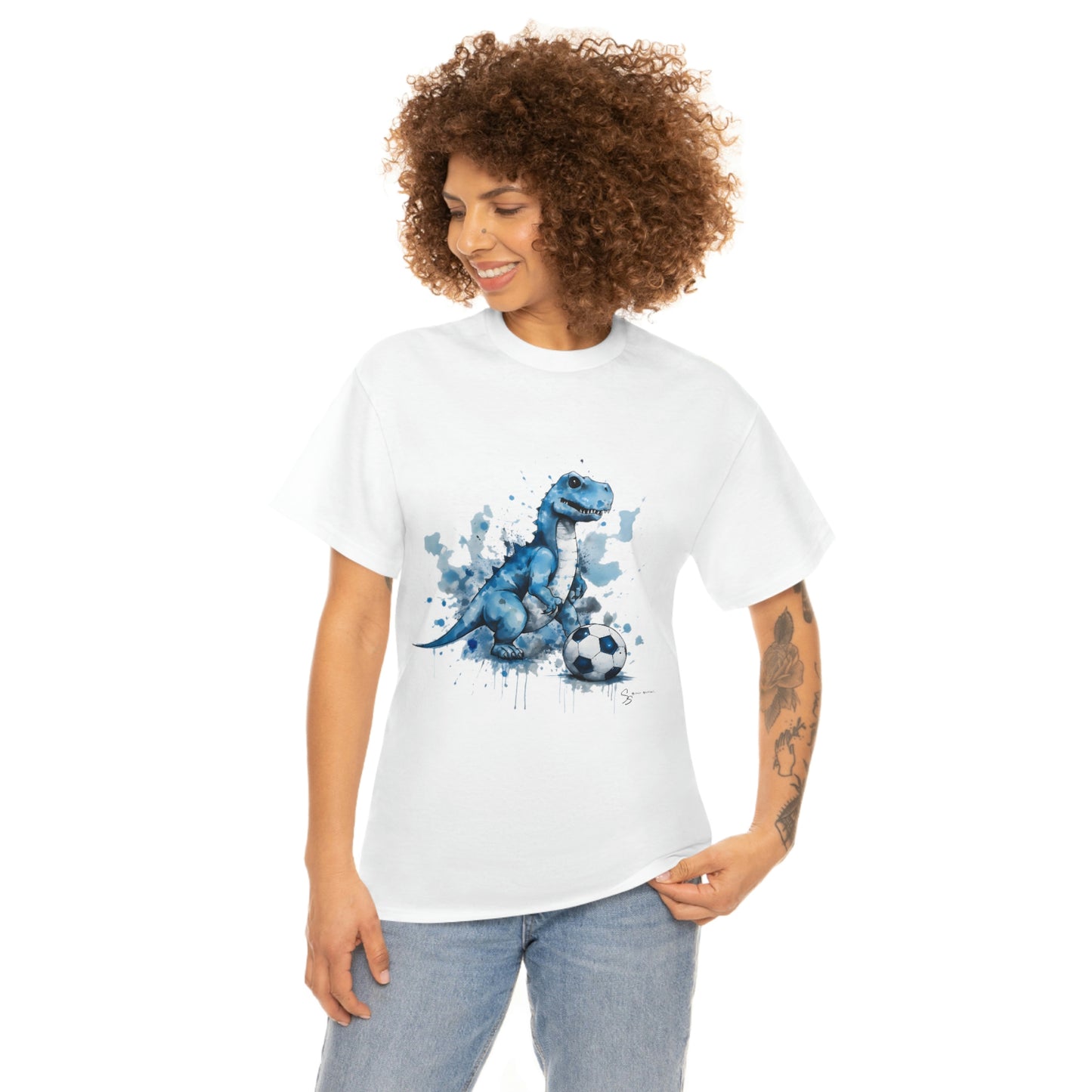 Blue Water Color Soccer T-Rex Shirt - female model with white shirt mockup
