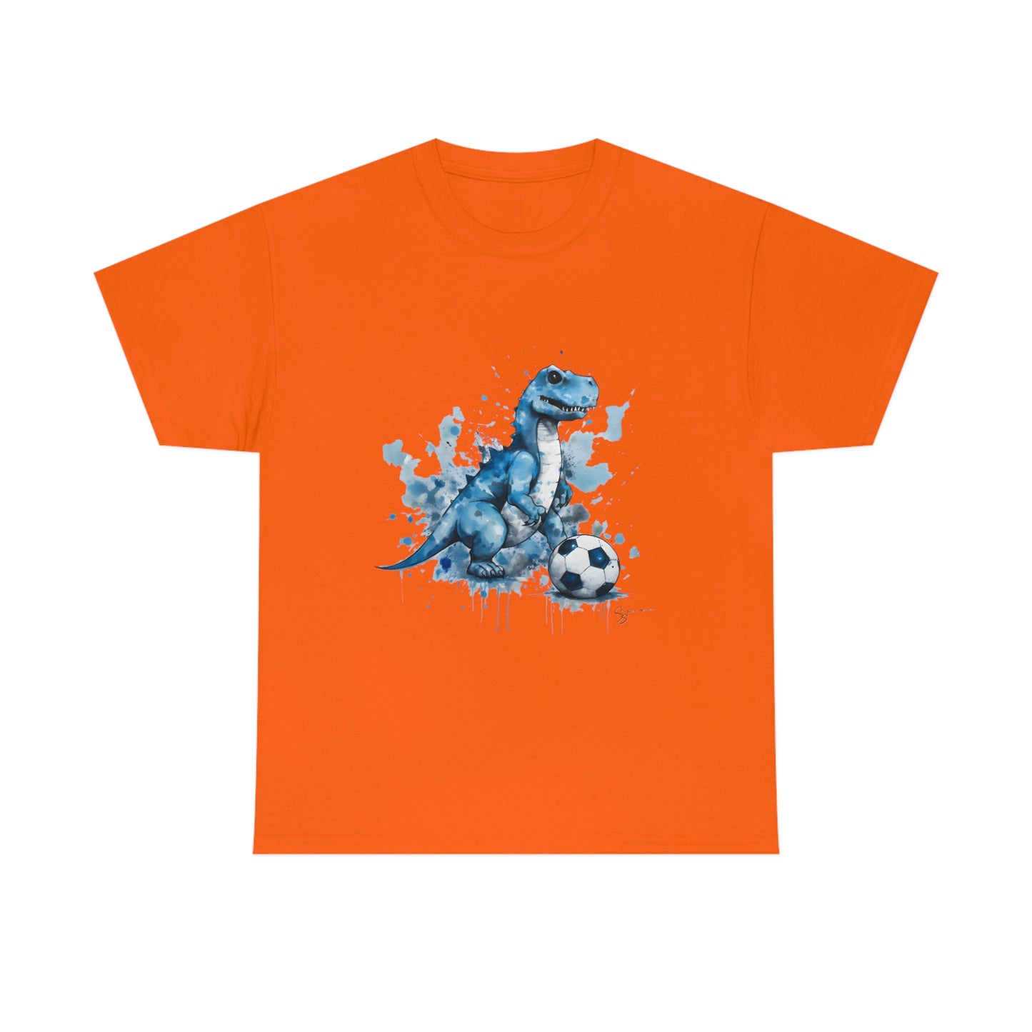 Blue Water Color Soccer T-Rex Shirt - orange shirt mockup