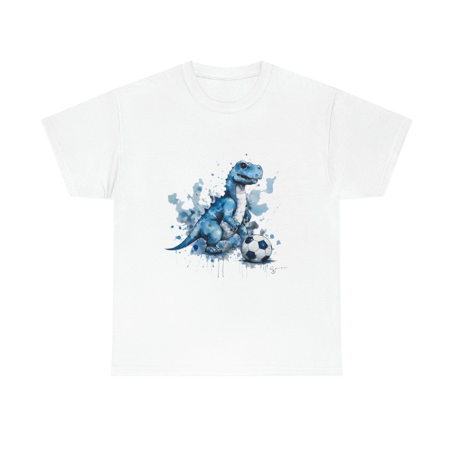 Blue Water Color Soccer T-Rex Shirt - white t-shirt mockup