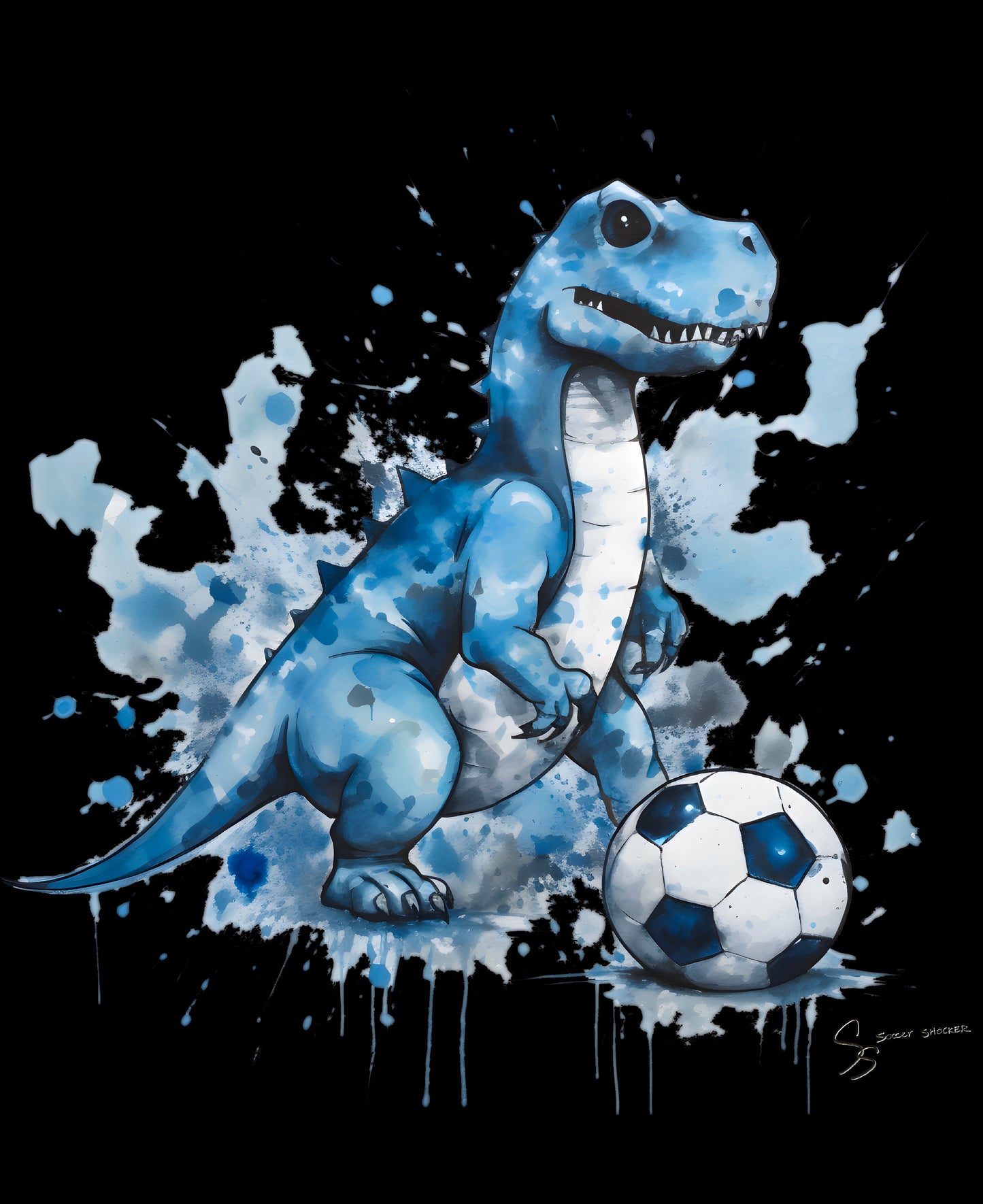 Blue Water Color Soccer T-Rex Shirt - black background