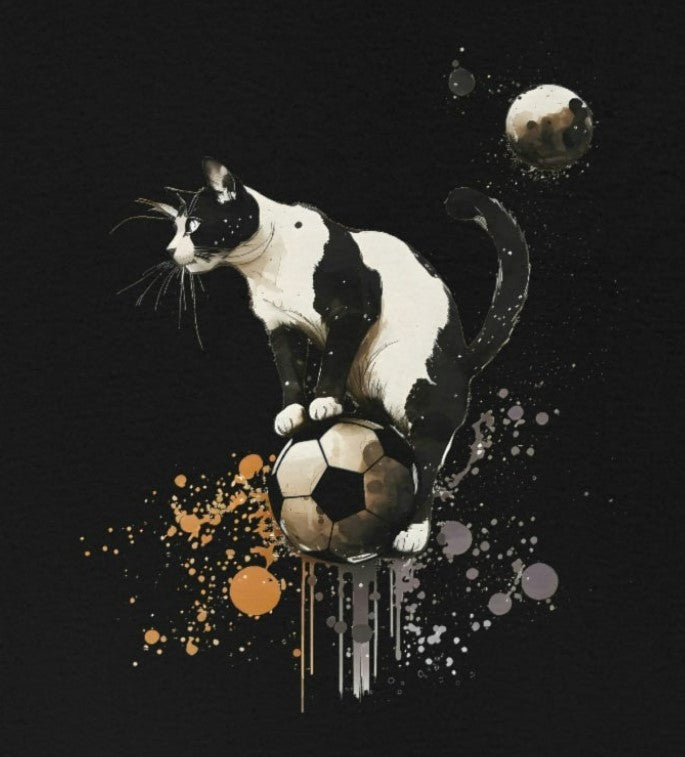 Zoomed in View of the Cat Standing on a Ball Facing Left, on a Black Background.