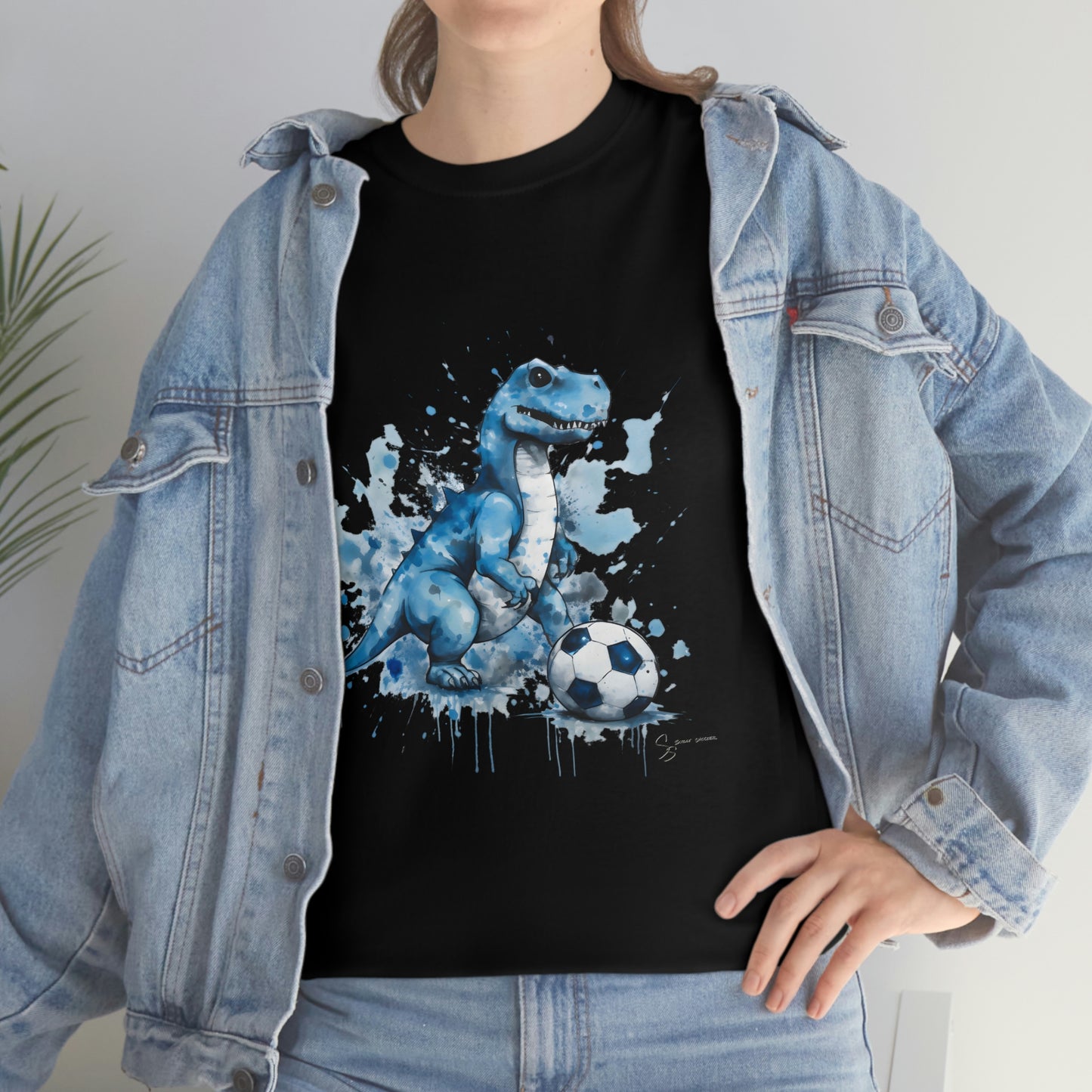 Blue Water Color Soccer T-Rex Shirt - female model wearing Levi jacket and jeans, black t-shirt mockup