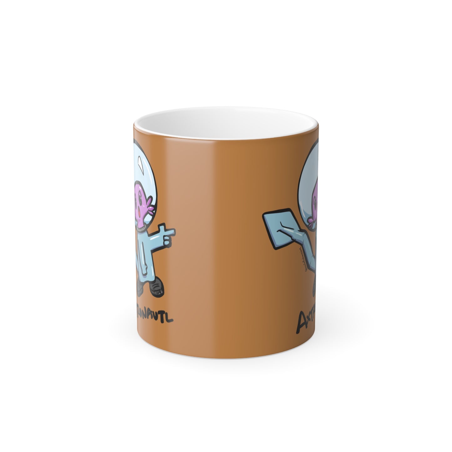 Color Morphing Mug — Cute Astronaut Axolotl Design, Brown, 11oz