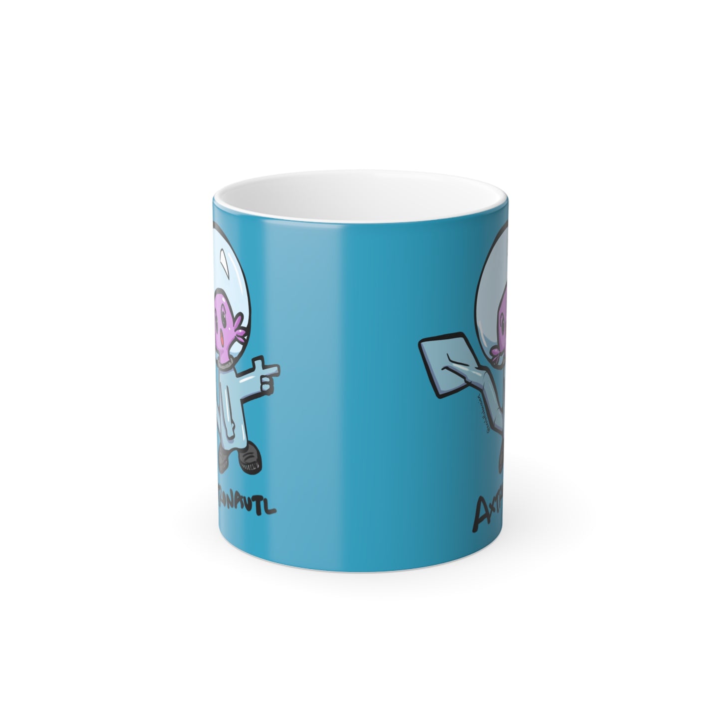 Color Morphing Mug — Cute Astronaut Axolotl Design, Turquoise, 11oz
