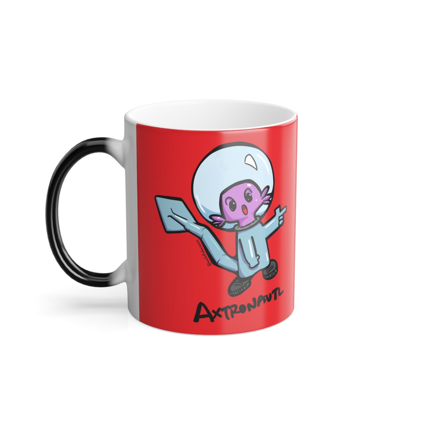 Color Morphing Mug — Cute Astronaut Axolotl Design, Red, 11oz