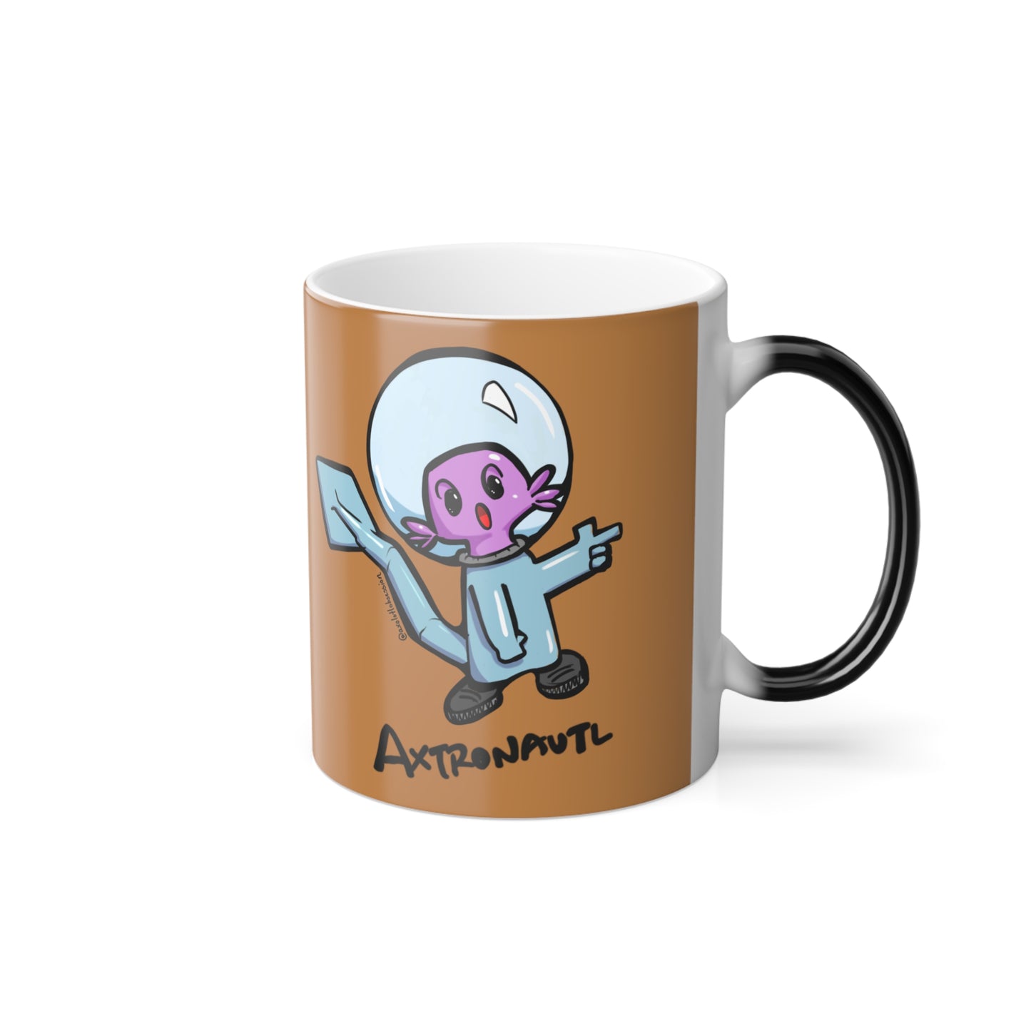Color Morphing Mug — Cute Astronaut Axolotl Design, Brown, 11oz