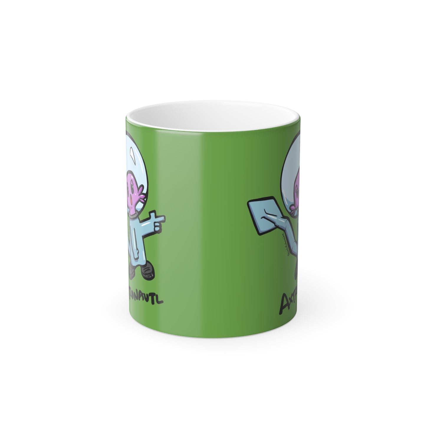 Color Morphing Mug — Cute Astronaut Axolotl Design, Light Green, 11oz