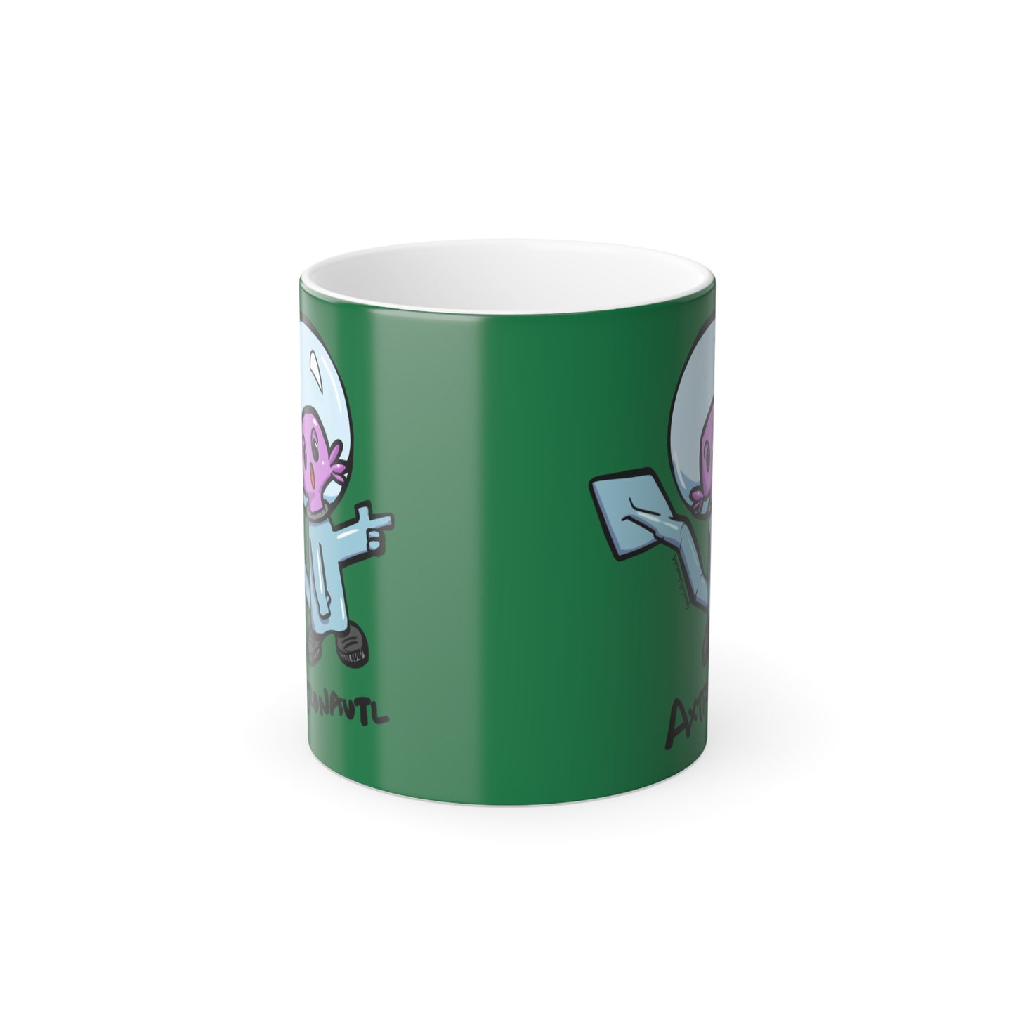 Color Morphing Mug — Cute Astronaut Axolotl Design, Dark Green, 11oz