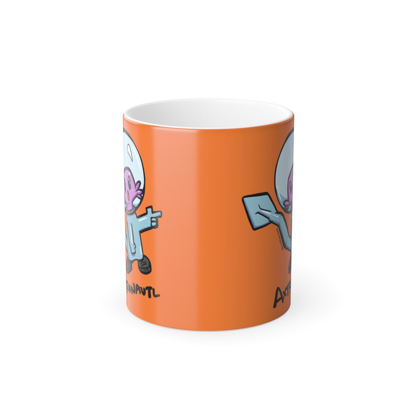 Color Morphing Mug — Cute Astronaut Axolotl Design, Orange, 11oz