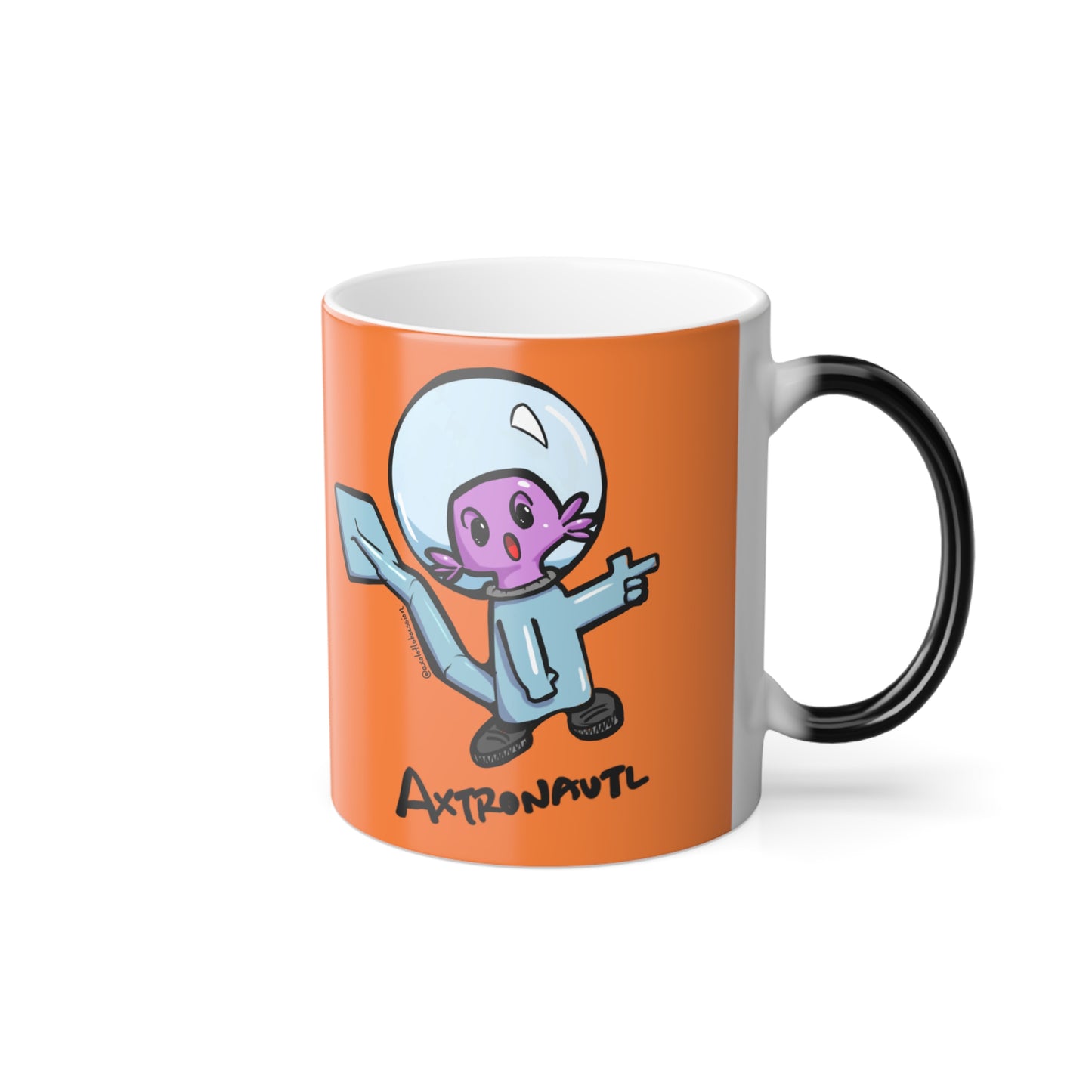 Color Morphing Mug — Cute Astronaut Axolotl Design, Orange, 11oz