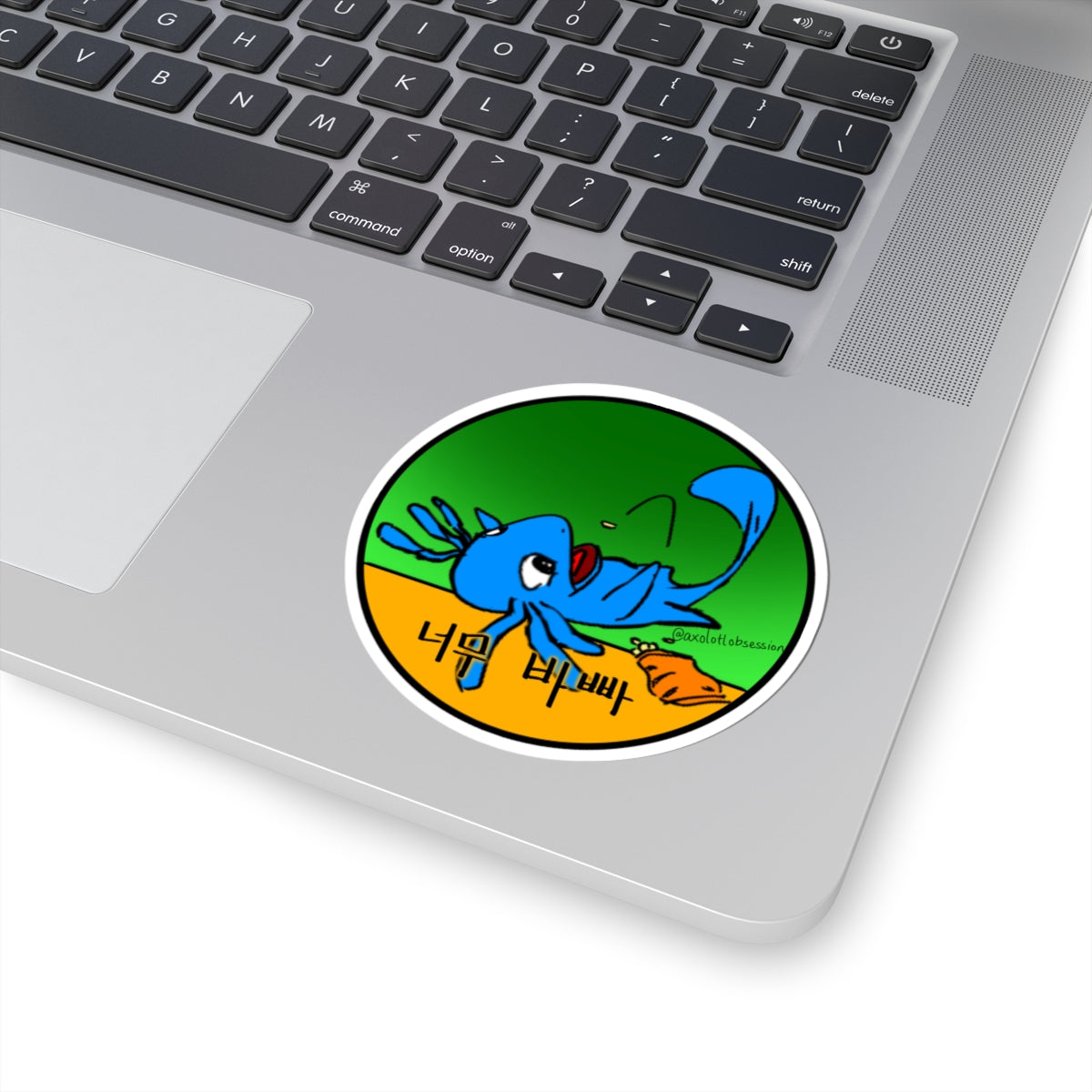 Kawaii Blue Axolotl Sticker — "너무 바빠" Cute Korean Phrase Vinyl Kiss-Cut Sticker