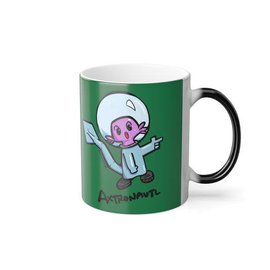 Color Morphing Mug — Cute Astronaut Axolotl Design, Dark Green, 11oz